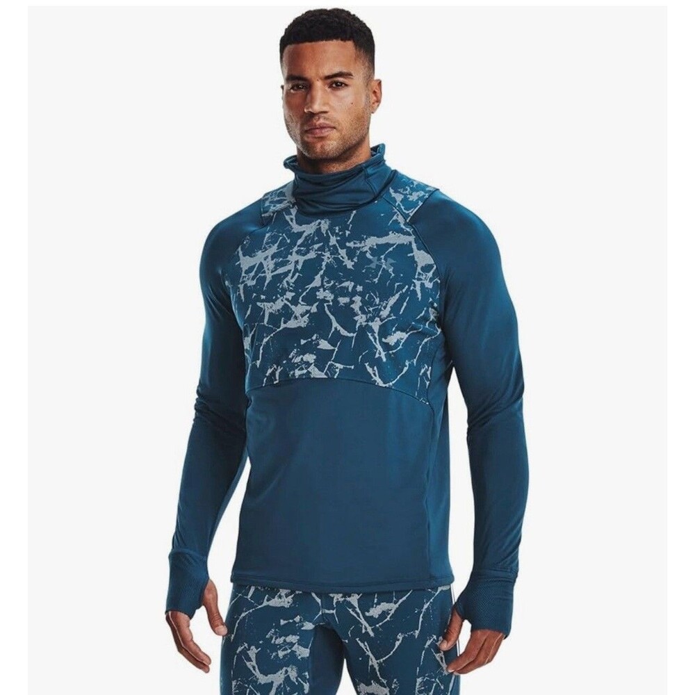 Under Armour Out Run The Cold Funnel Long Sleeve Running Top Mens S Blue Fitted